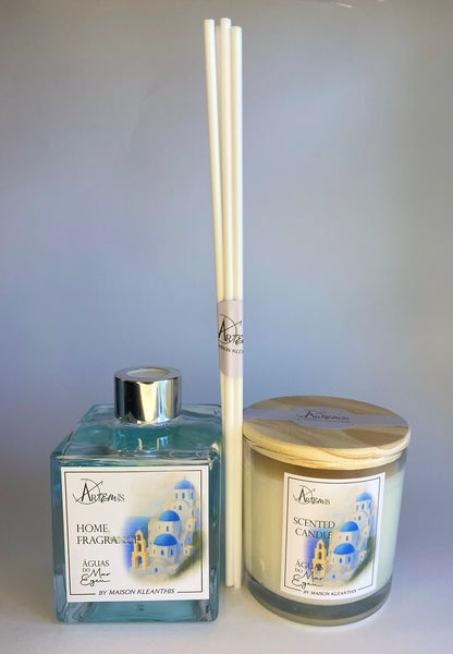 Kit Difusor com varetas  Vela Aromática Aguas do Mar Egeu – (Notas oceanicas)