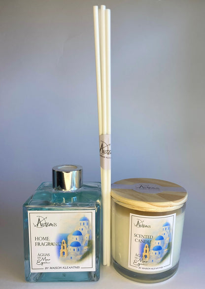 Kit Difusor com varetas  Vela Aromática Aguas do Mar Egeu – (Notas oceanicas)